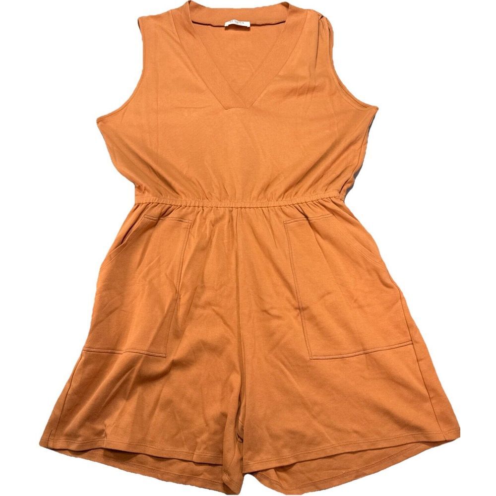 Zenana Romper Sleeveless V-neck Rusty Orange, Pockets Sz 2X Comfy, Preppy, Dress